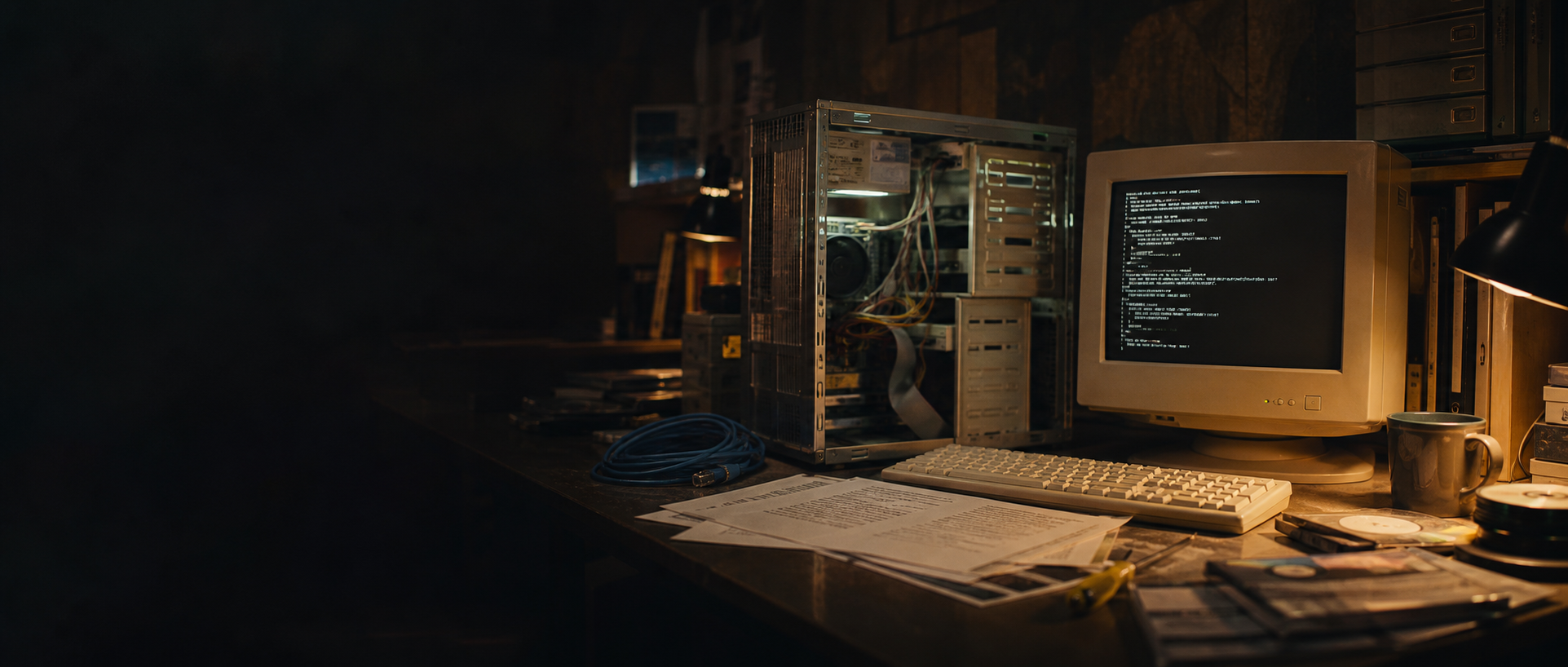 A workshop computer and CRT monitor used for maintaining community software